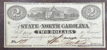 1863 The State of North Carolina 2 Dollar Obsolete Bank Note - Two Dollars