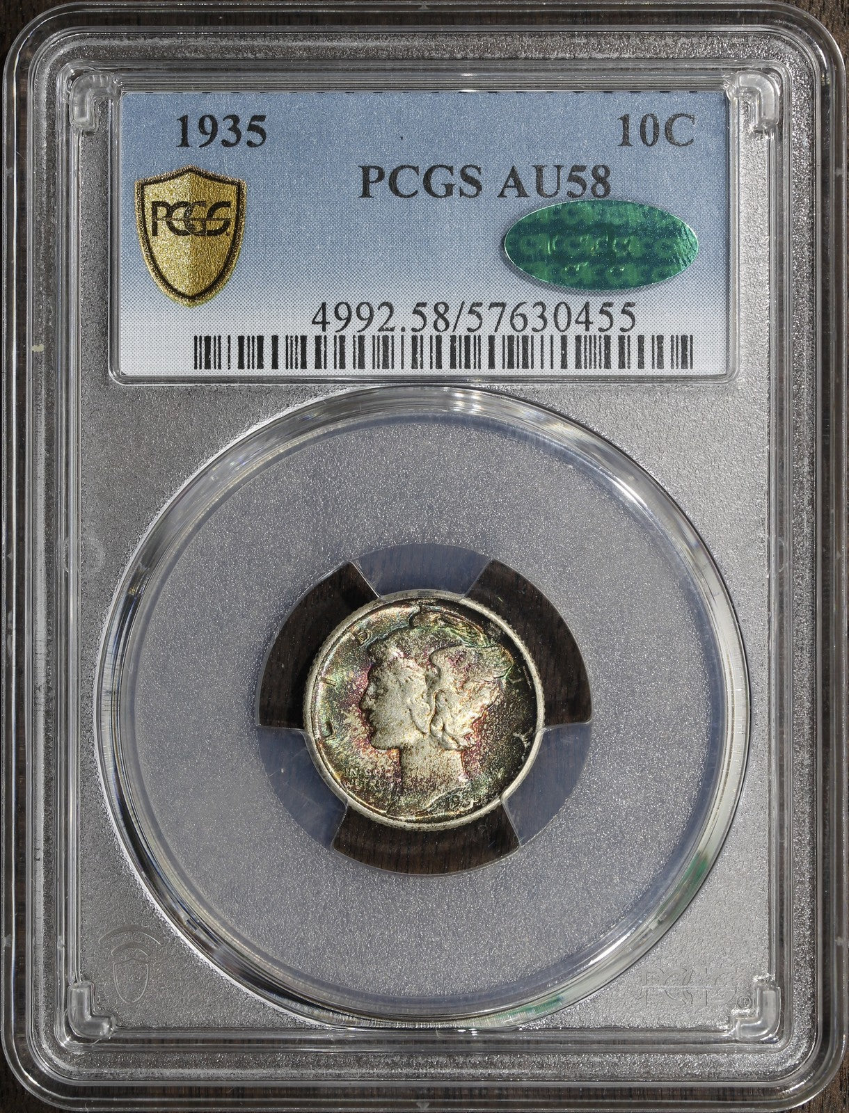 1935 (AU58 CAC) Mercury Dime 10C PCGS - Beautiful Rainbow Toned