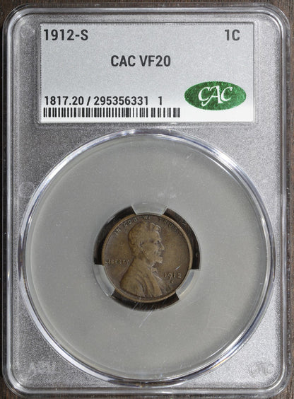 1912-S (VF20 CAC) Lincoln Wheat Cent 1C CACG - Better Date