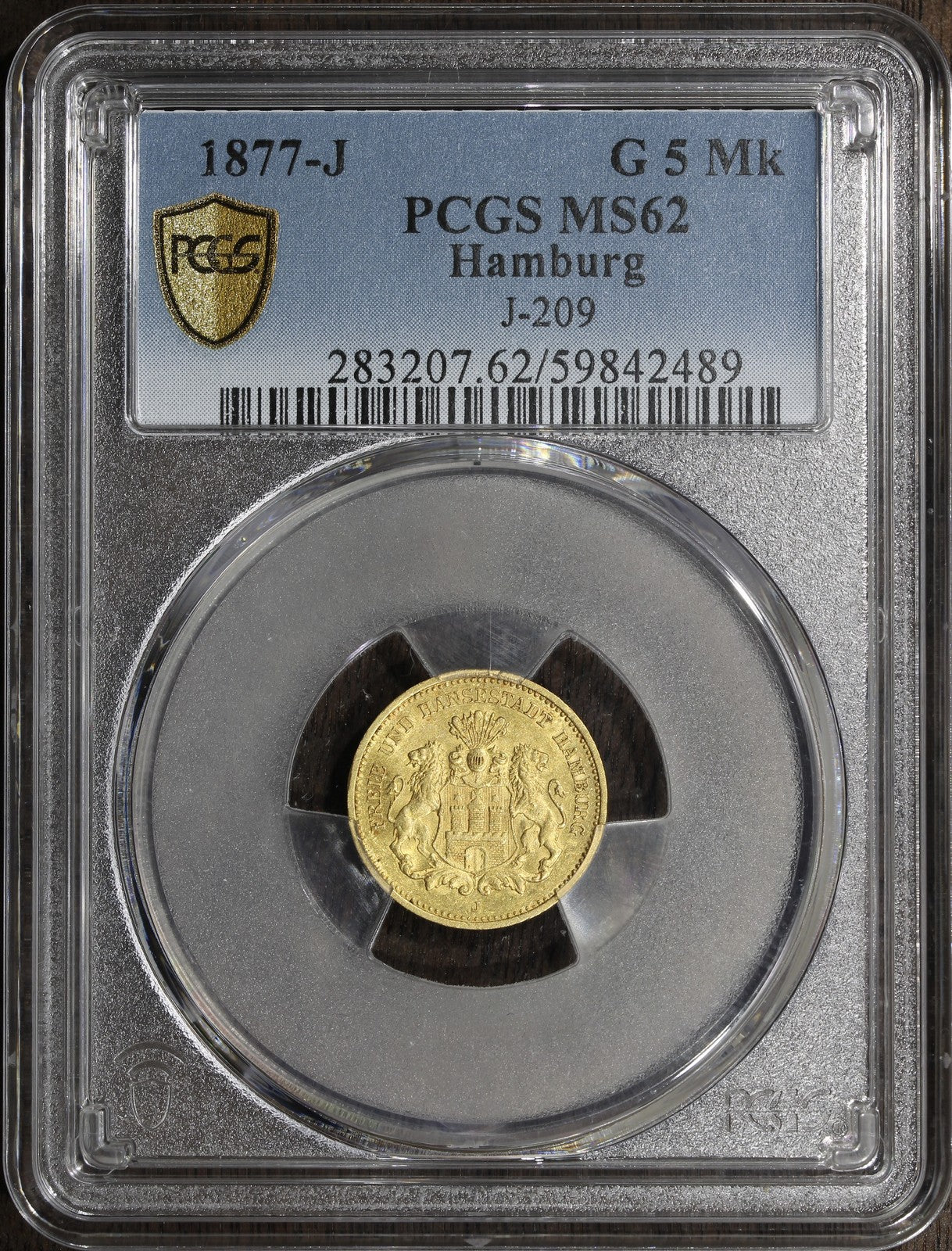 1877-J (MS62) Hamburg Gold 5 Marks 5M PCGS - German Empire