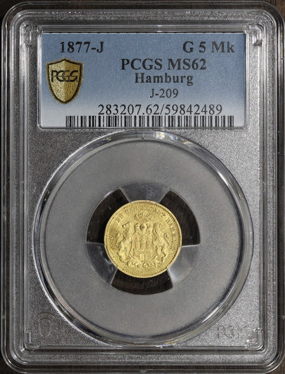 1877-J (MS62) Hamburg Gold 5 Marks 5M PCGS - German Empire