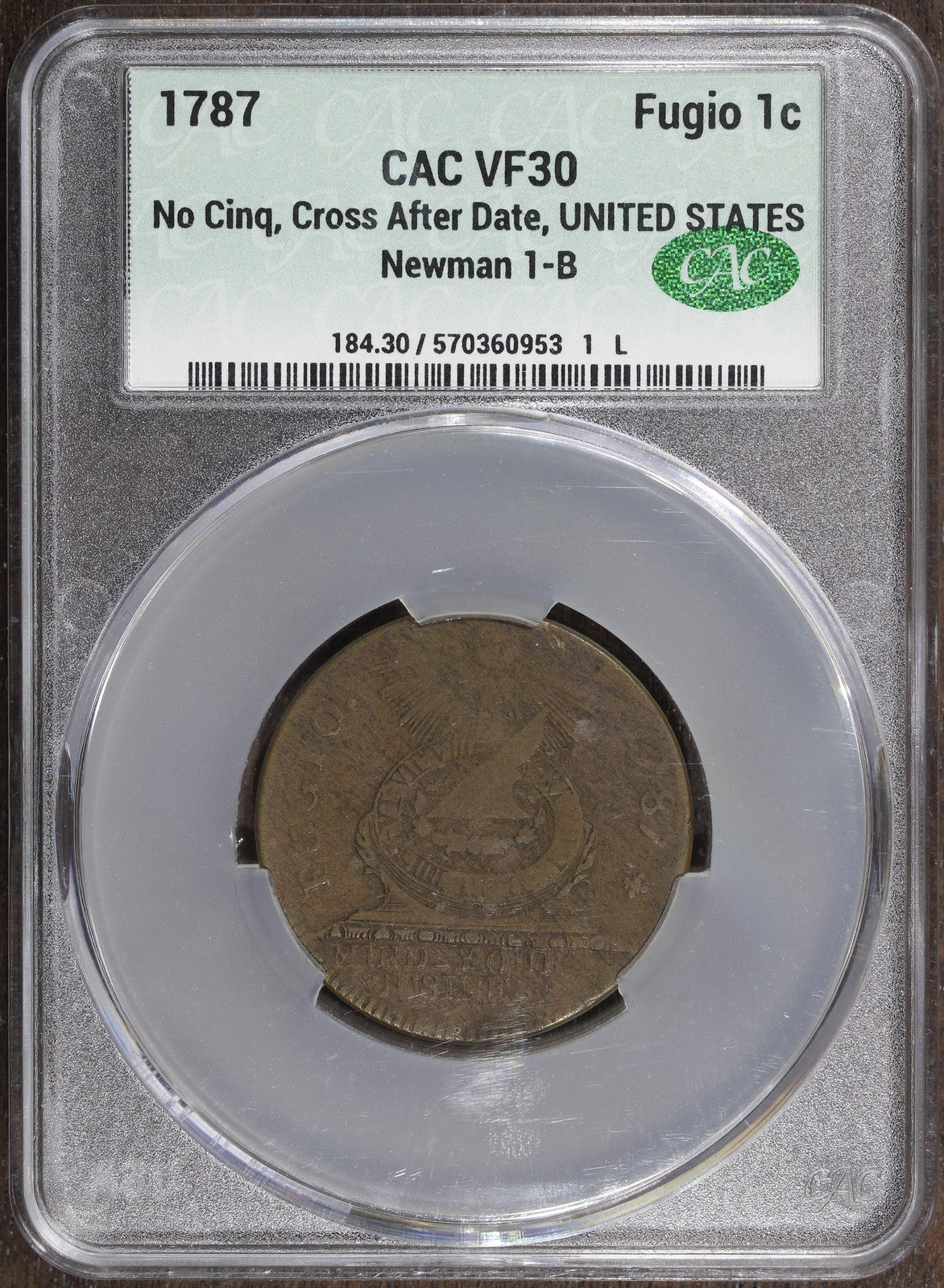 1787 (VF30 CAC) Fugio Cent 1C CACG - No Cinq, Cross After Date, Newman 1-B