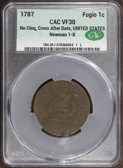 1787 (VF30 CAC) Fugio Cent 1C CACG - No Cinq, Cross After Date, Newman 1-B