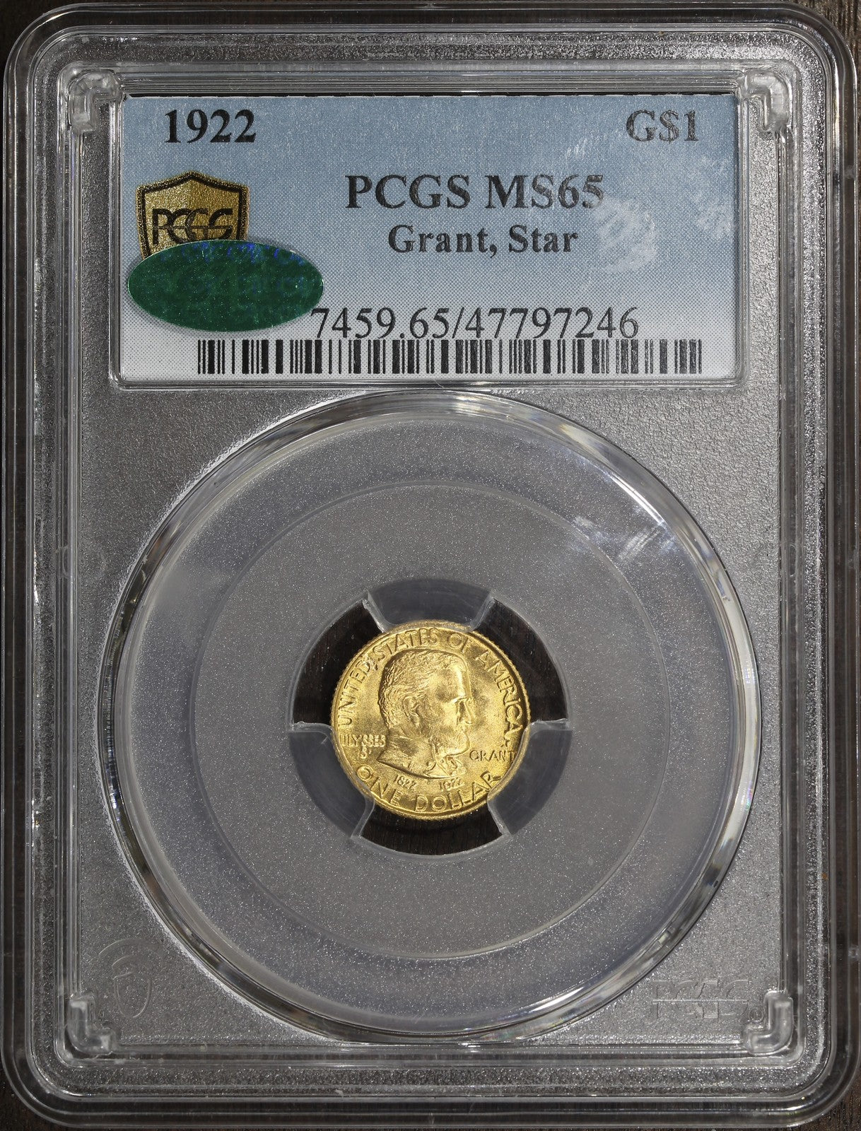 1922 (MS65 CAC) Grant Commemorative Gold Dollar G$1 PCGS - Star