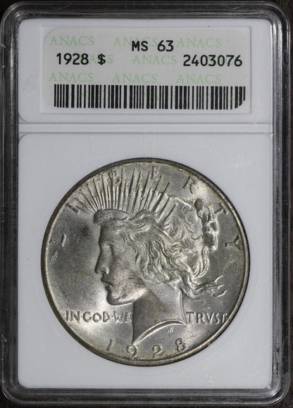 1928 (MS63) Peace Silver Dollar $1 ANACS Soapbox - Old Holder Key Date