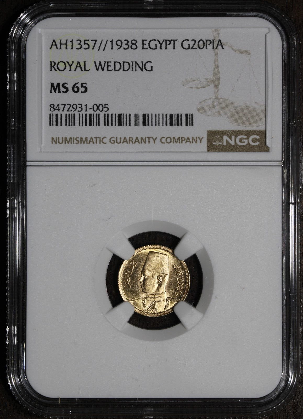 1938 (MS65) Egypt King Farouk Royal Wedding Gold 50 Piastres NGC - Gem