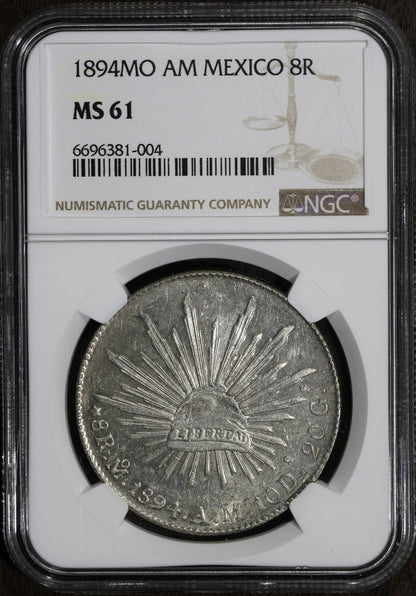 1894 Mo AM (MS61) Mexico Cap & Rays 8 Reales NGC - PL Finish