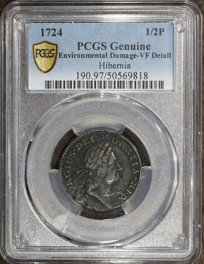 1724 (VF Detail) Hibernia Halfpenny 1/2P NGC - Colonial Issue