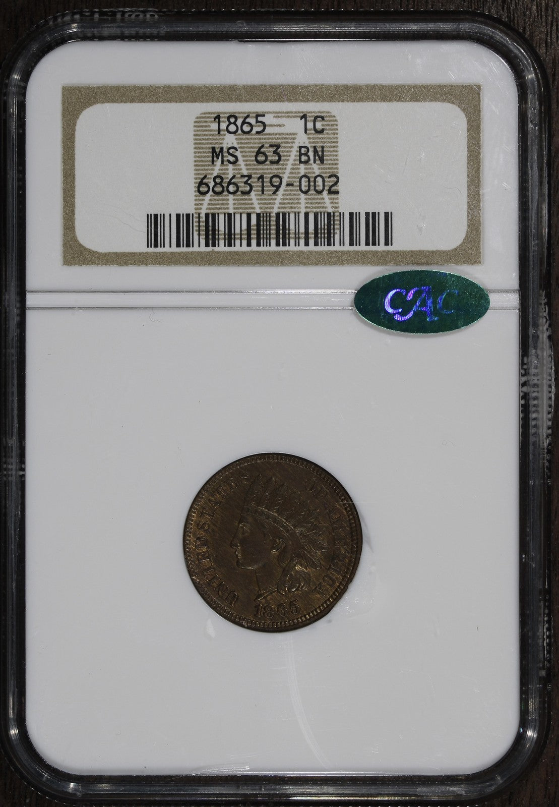 1865 (MS63 BN CAC) Indian Head Cent 1C IHC NGC - Civil War Date!