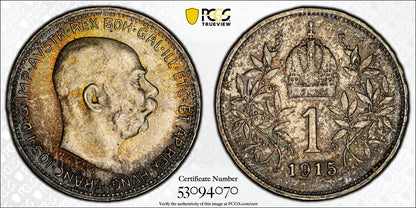 1915 (MS66) Austria Franz Joseph Silver 1 Corona PCGS - Nicely Toned!