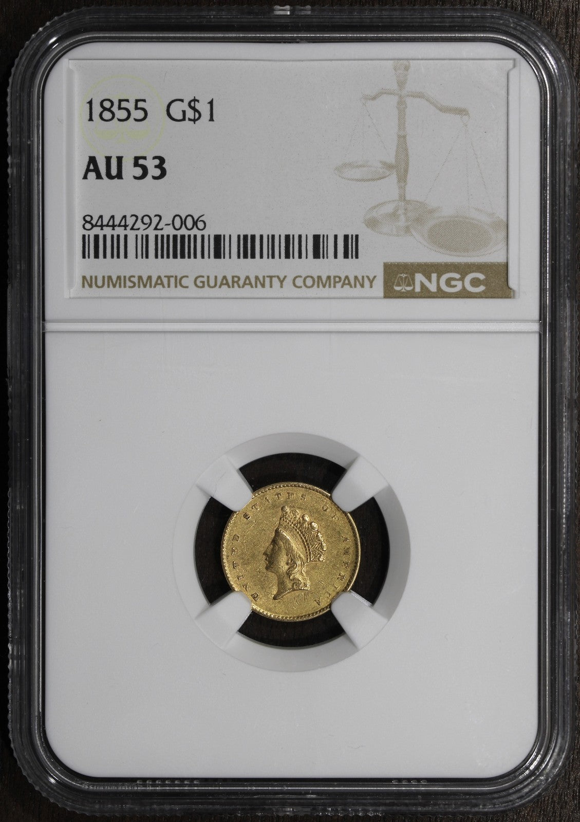 1855 (AU53) Type 2 Indian Princess Gold Dollar G$1 NGC