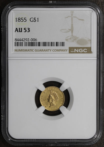 1855 (AU53) Type 2 Indian Princess Gold Dollar G$1 NGC