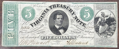 1862 $5 Virginia Treasury Note Obsolete Bank Note - 5 Dollars