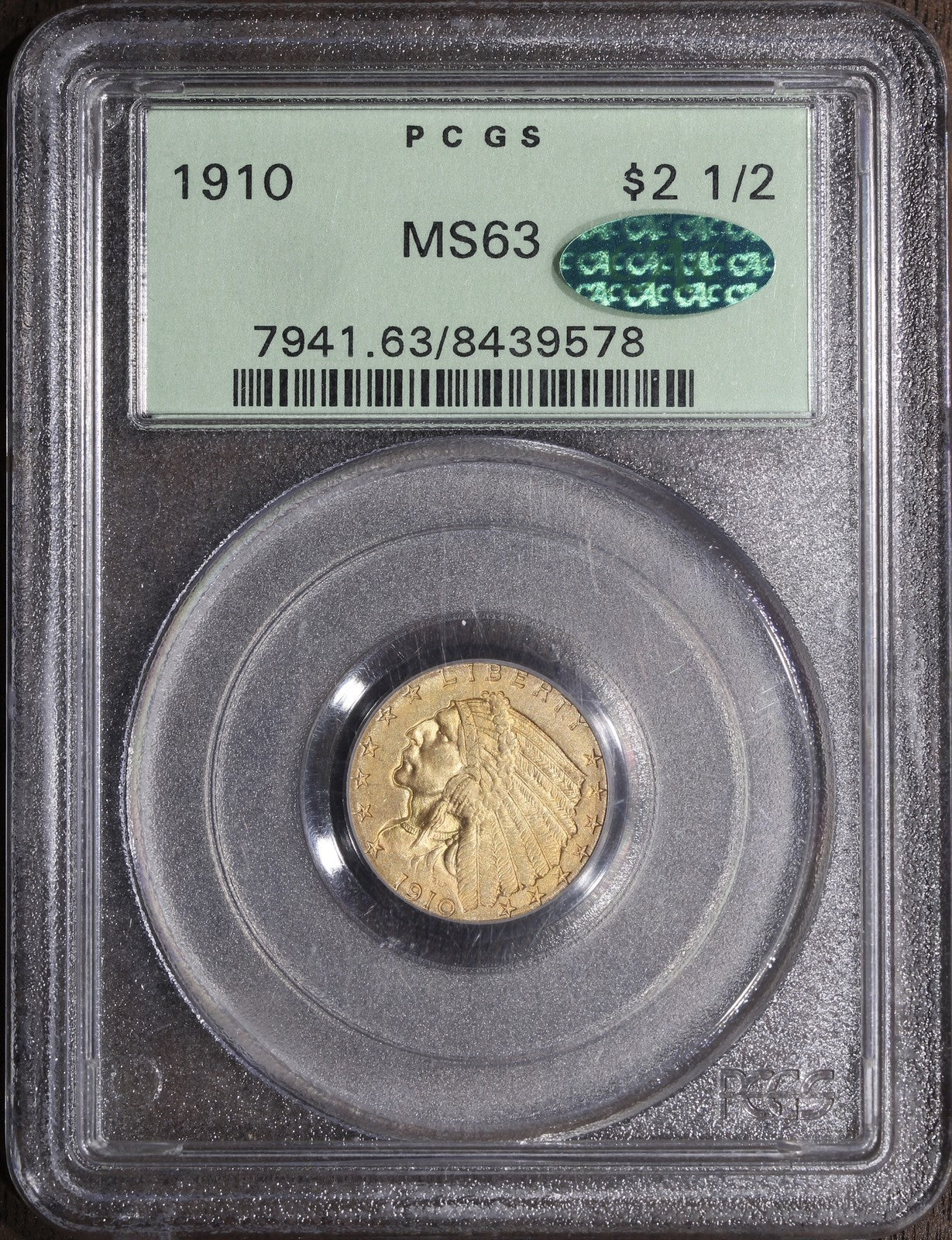 1910 (MS63 CAC) Indian Head Gold Quarter Eagle $2.50 PCGS OGH