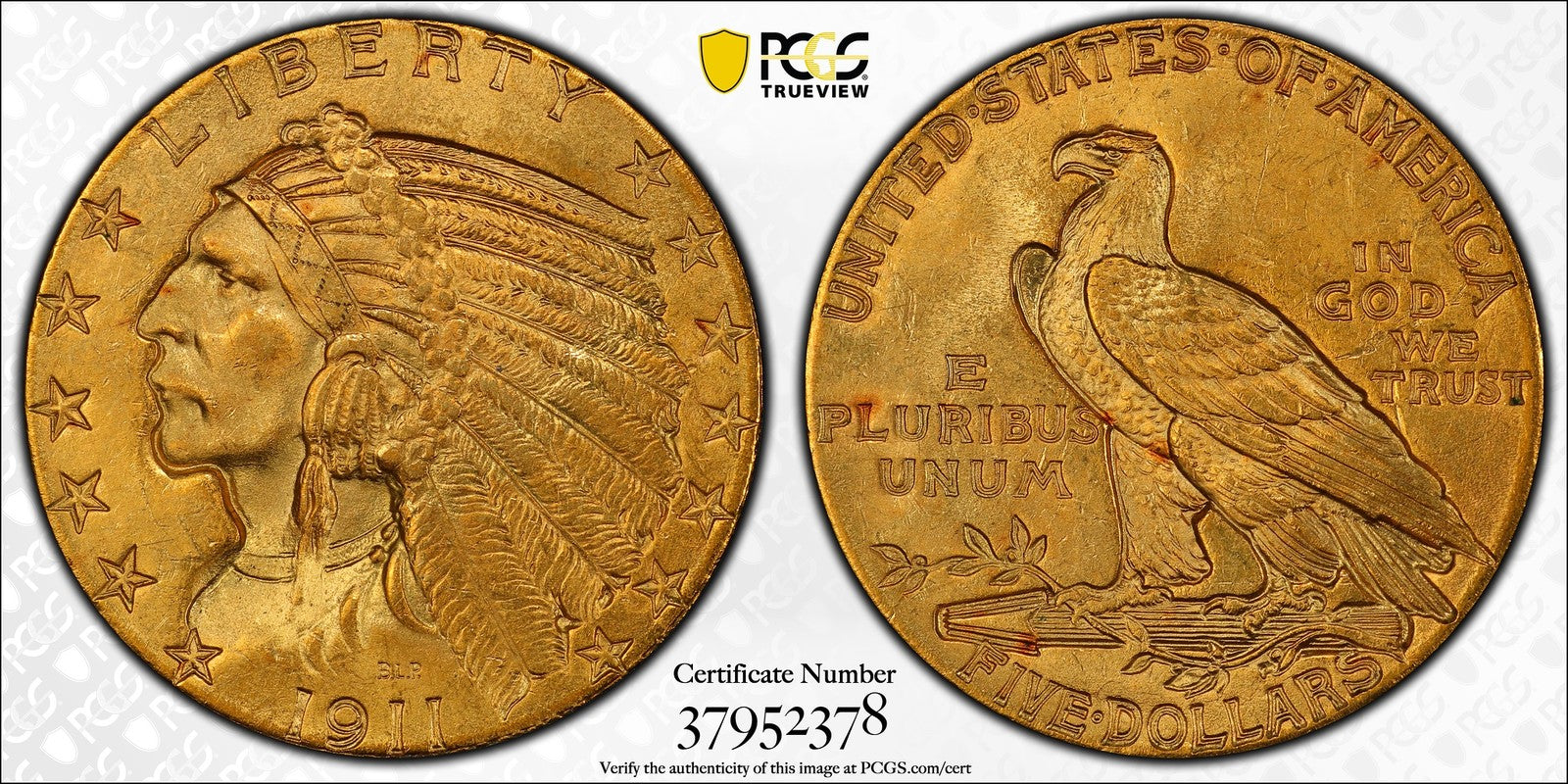 1911 (MS64+) Indian Head Gold Half Eagle $5 PCGS - Near GEM Quality