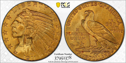 1911 (MS64+) Indian Head Gold Half Eagle $5 PCGS - Near GEM Quality
