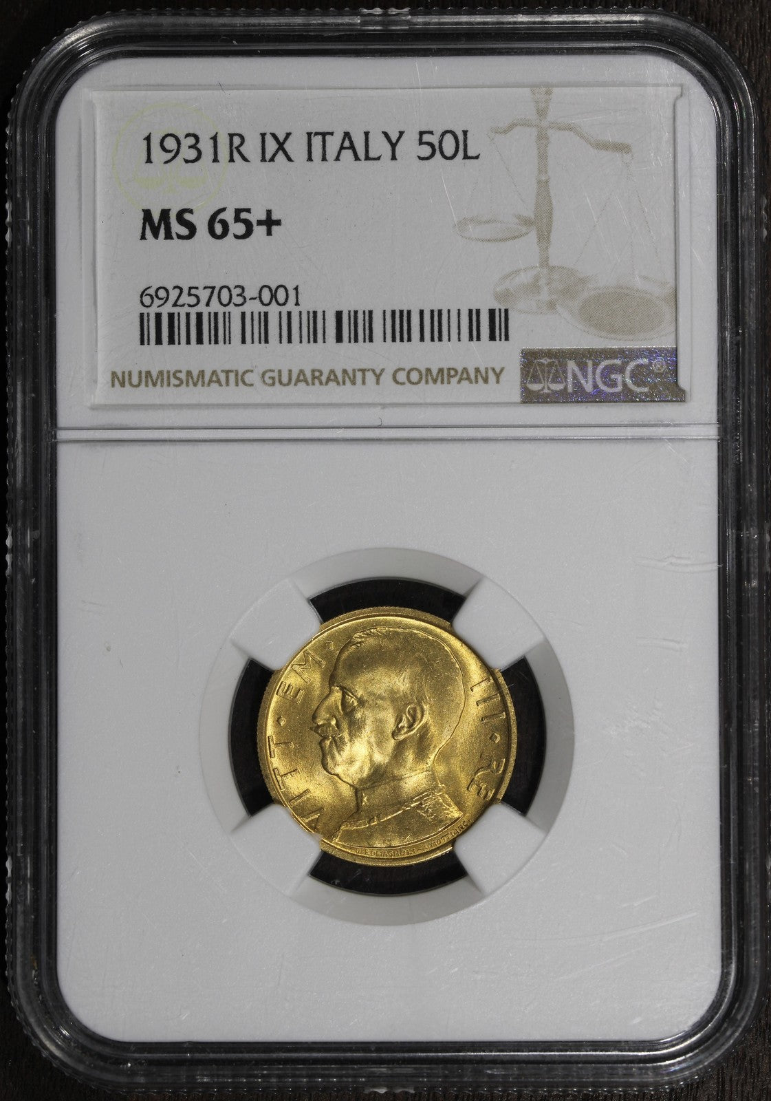 1931R IX (MS65+ PLUS) Italy Gold 50 Lire 50L NGC