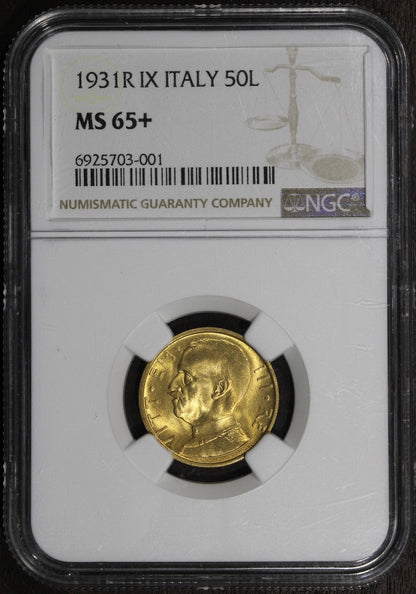 1931R IX (MS65+ PLUS) Italy Gold 50 Lire 50L NGC
