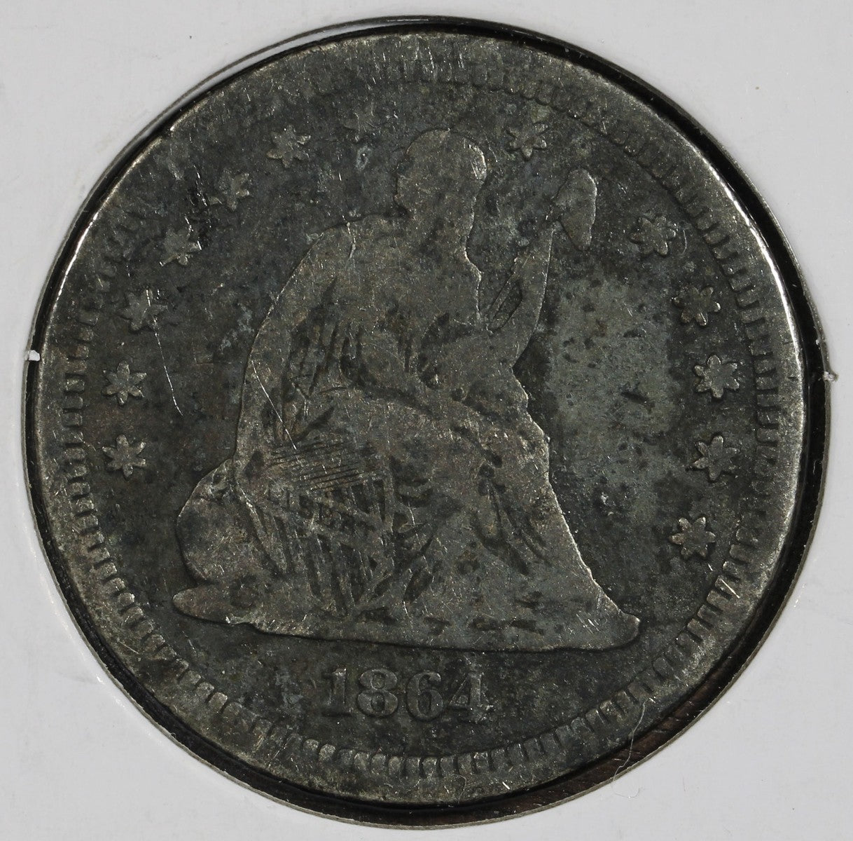 1864 Seated Liberty Quarter 25C F - Rare Date ! Residue on Reverse Hole Filler