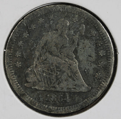 1864 Seated Liberty Quarter 25C F - Rare Date ! Residue on Reverse Hole Filler