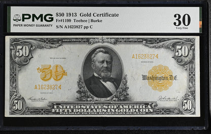1913 $50 Gold Certificate Fr#1199 Teehee Burke PMG VF30