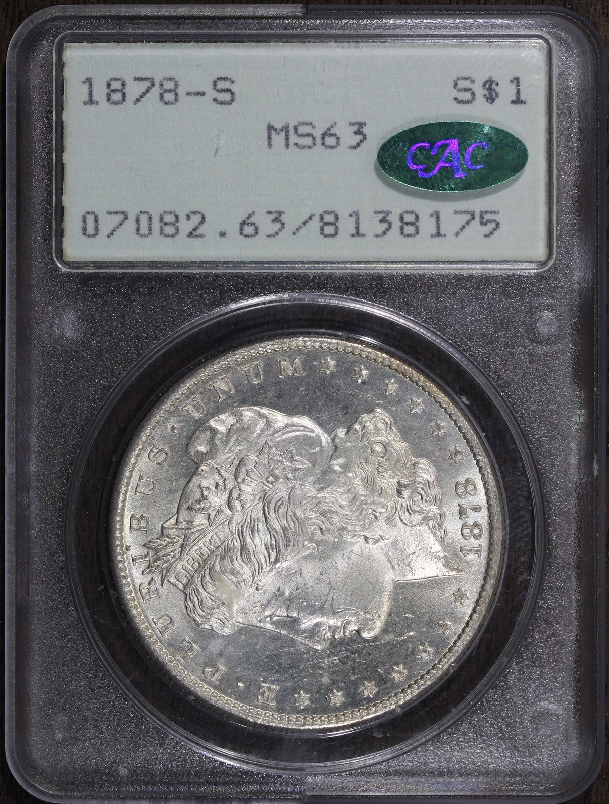 1878-S (MS63 CAC) Morgan Silver Dollar $1 PCGS Rattler - First Year