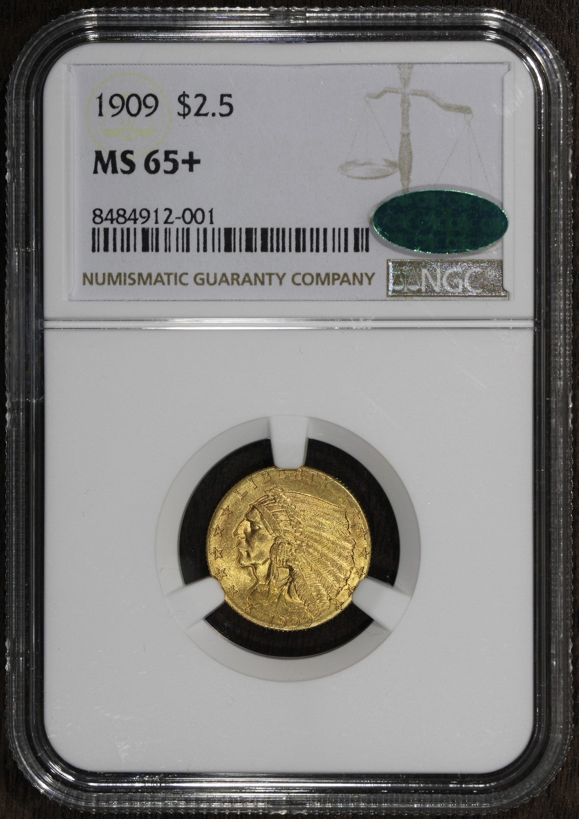 1909 (MS65+ CAC) Indian Head Gold Quarter Eagle $2.50 NGC - GEM!