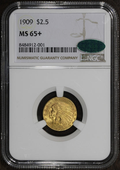 1909 (MS65+ CAC) Indian Head Gold Quarter Eagle $2.50 NGC - GEM!