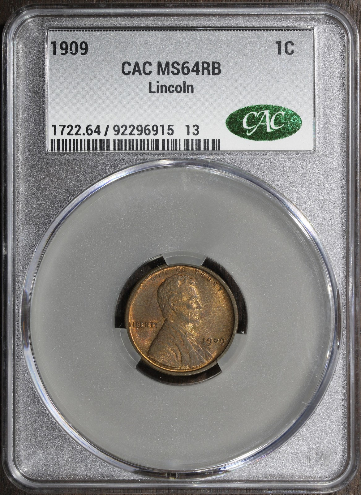 1909 (MS64RB CAC) Lincoln Wheat Cent 1C CACG - First Year