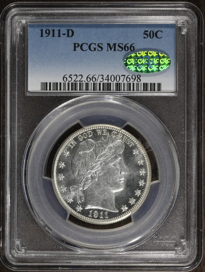 1911-D (MS66 CAC) Barber Half Dollar 50C PCGS - Proof Like Fields!