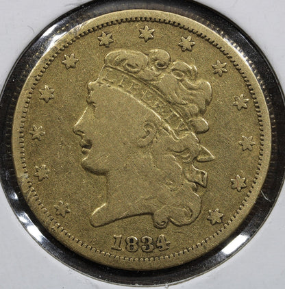 1834 Classic Head Gold Half Eagle $5 F - Nice Type