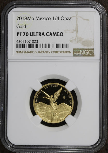 2018-Mo (PF70 Ultra Cameo) Proof Gold Mexico 1/4 Onza Libertad NGC - Flawless