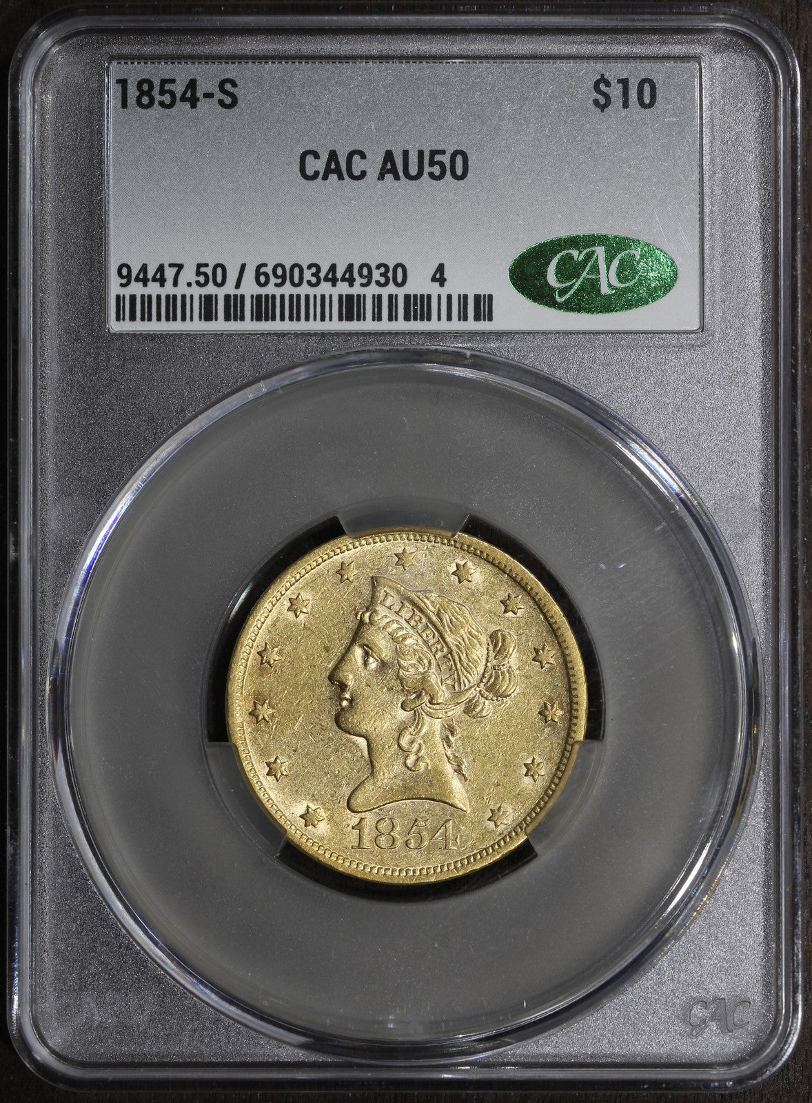 1854-S (AU50 CAC) Liberty Head Gold Eagle $10 CACG - Better Date