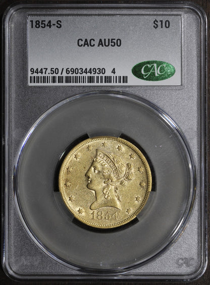 1854-S (AU50 CAC) Liberty Head Gold Eagle $10 CACG - Better Date