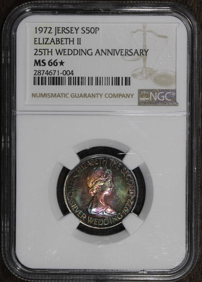 1972 (MS66* STAR) Jersey Silver 50 Pence Elizabeth NGC - RAINBOW Toning