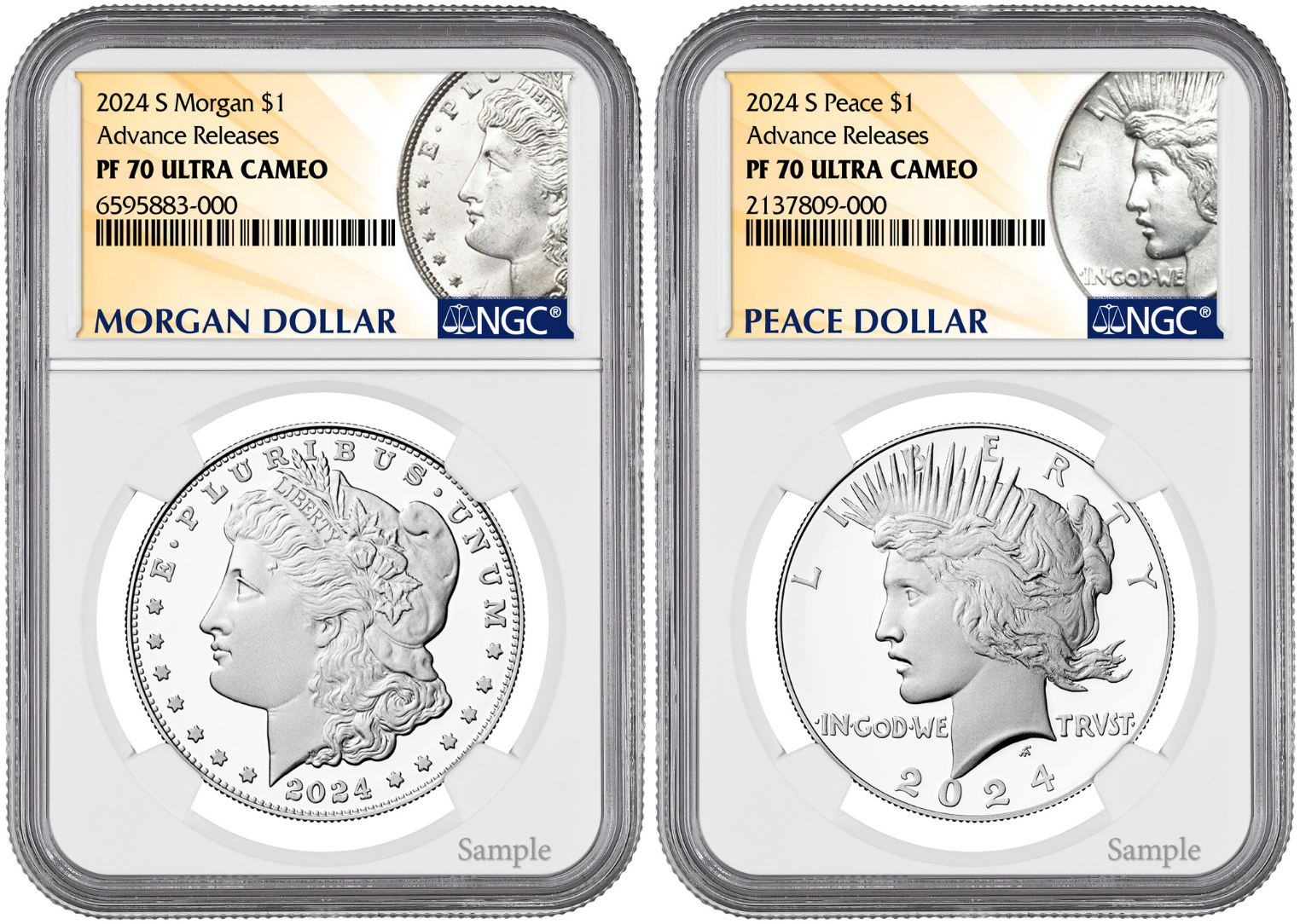 2024-S (PR70) Proof Morgan & Peace Dollar (2 Coin Set) Advanced Release AR NGC