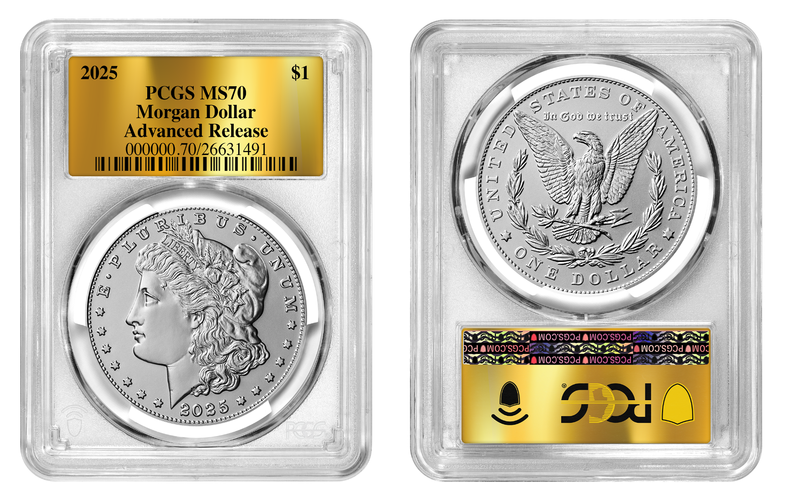 2025-P (MS70) Morgan & Peace Silver Dollar Advanced Release AR PCGS Gold Label