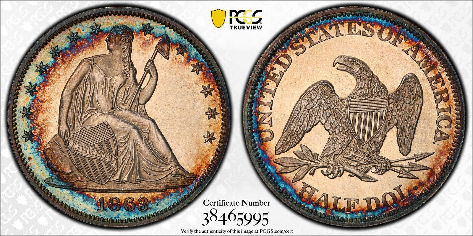 1863 (PR65 CAMEO) Proof Seated Liberty Half Dollar 50C PCGS - Great Toning!