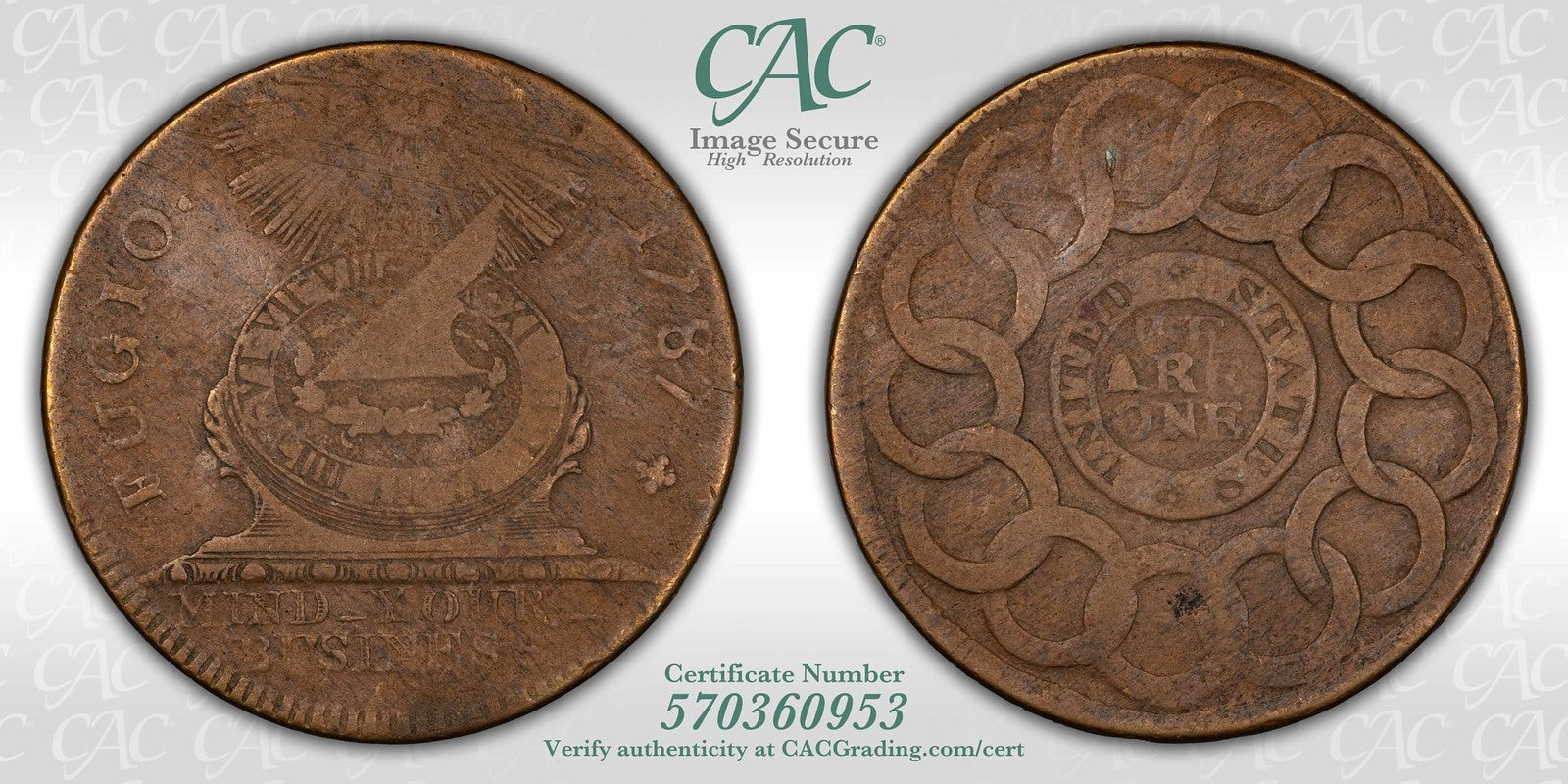 1787 (VF30 CAC) Fugio Cent 1C CACG - No Cinq, Cross After Date, Newman 1-B