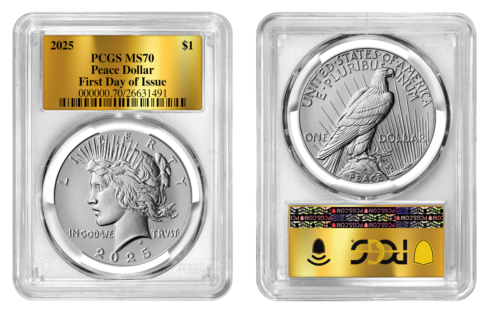 2025 (MS70) Morgan & Peace Silver Dollar First Day of Issue FDOI PCGS GOLD Label