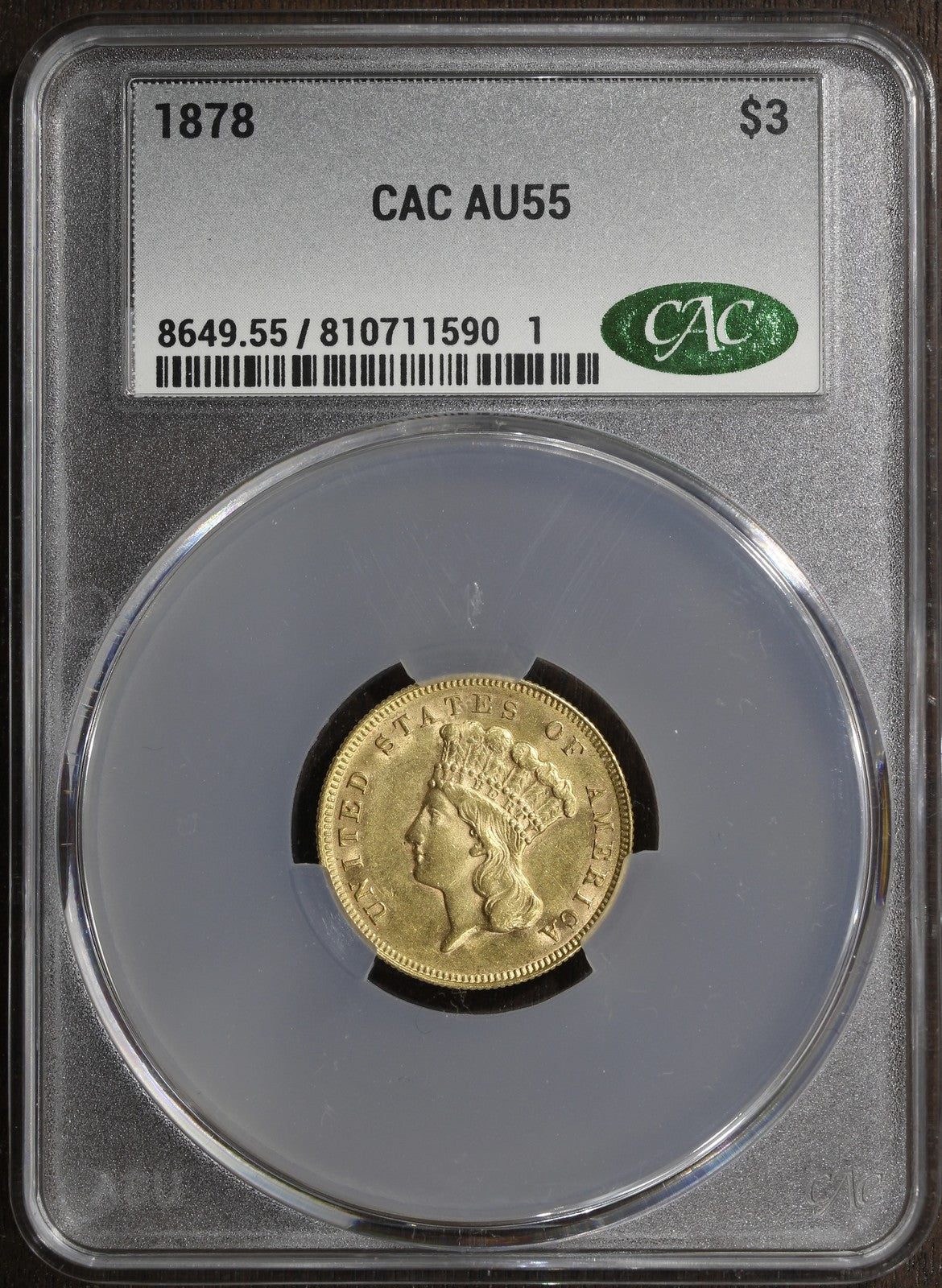 1878 (AU55 CAC) Indian Princess Three Dollar Gold Piece $3 CACG