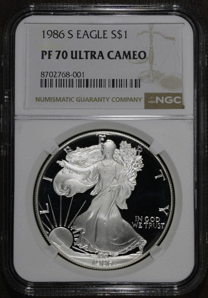 1986-S (PF70 Ultra Cameo) Proof American Silver Eagle $1 ASE NGC