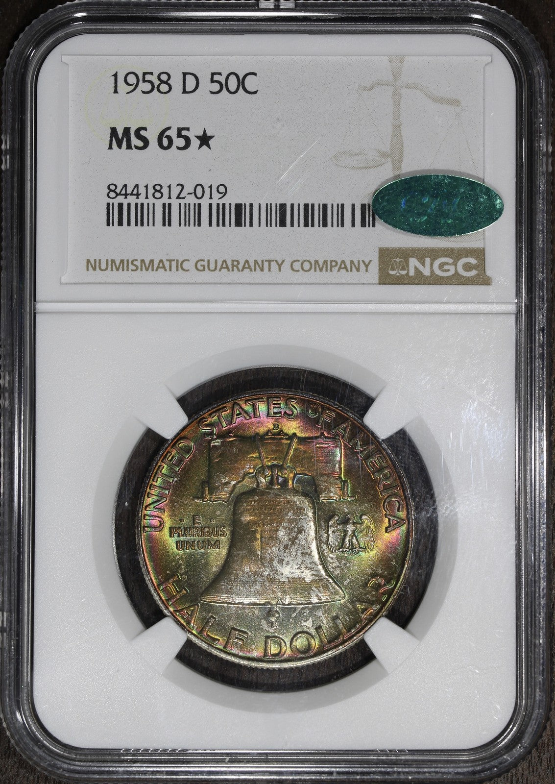 1958-D (MS65* STAR CAC) Franklin Half Dollar 50C NGC - RAINBOW TONED
