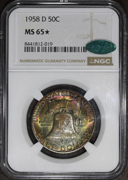1958-D (MS65* STAR CAC) Franklin Half Dollar 50C NGC - RAINBOW TONED