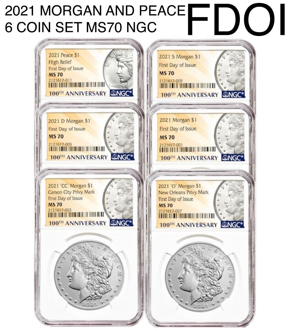 6 Coin Set (MS70 FDOI) - 2021 Morgan Peace Dollar $1 NGC (P D S O CC Peace)