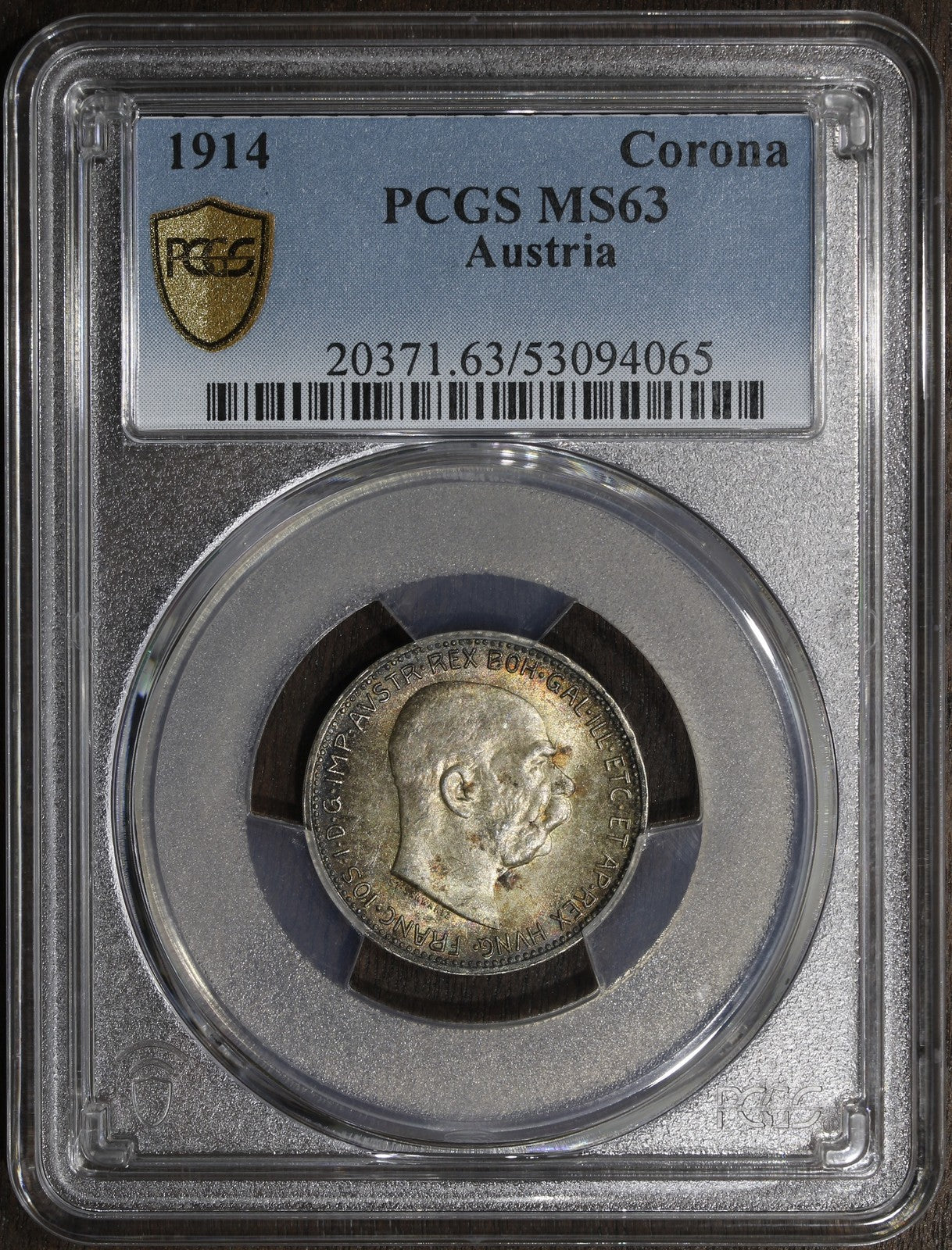 1914 (MS63) Austria Franz Joseph Silver 1 Corona PCGS - Beautiful Toning