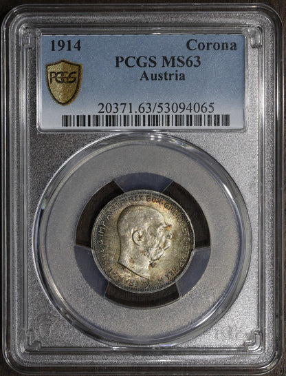 1914 (MS63) Austria Franz Joseph Silver 1 Corona PCGS - Beautiful Toning