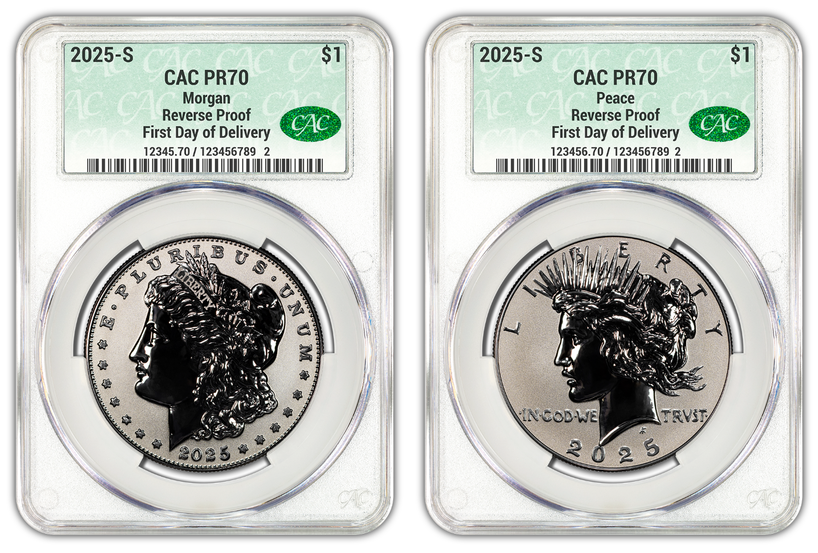 2025-S (PR70) Reverse Proof Morgan & Peace Silver Dollar CAC FDOD First Presale