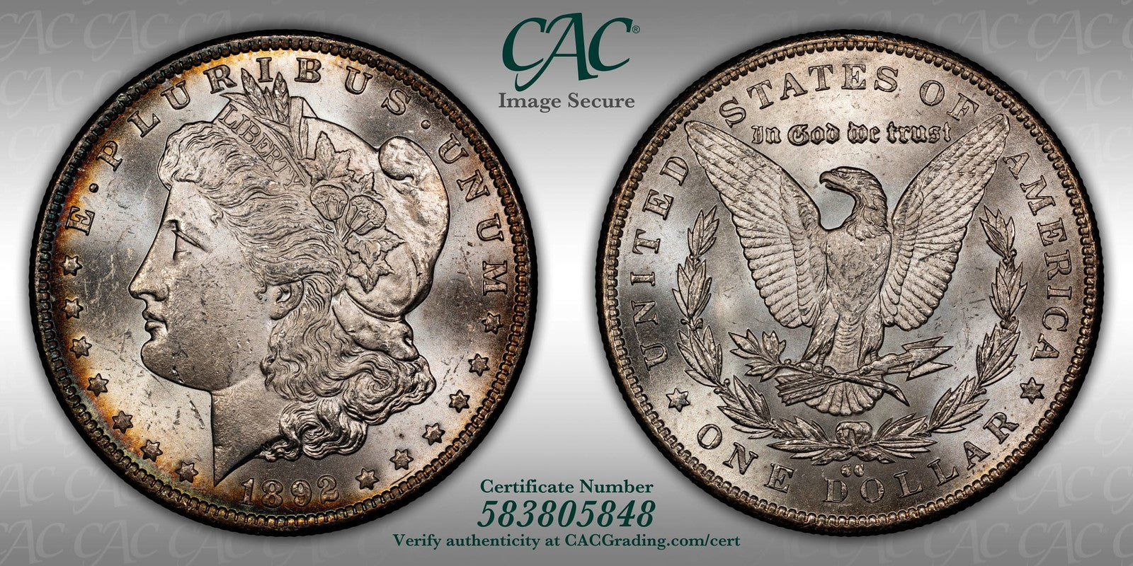 1892-CC (MS62 CAC) Morgan Silver Dollar $1 CACG