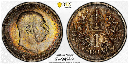1914 (MS65) Austria Franz Joseph Silver 1 Corona PCGS - Rainbow Toned GEM